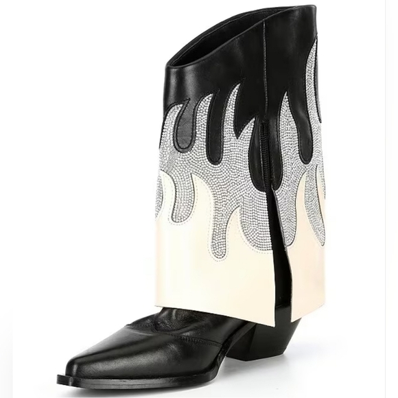 Gianni Bini ConleyTwo Western Rhinestone Flame Foldover Boot in Black Silver Sz6 - Picture 1 of 16